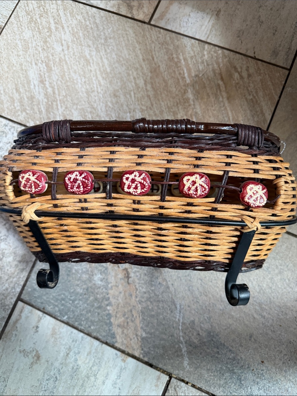 Woven Two-Tone Decorative Basket with Red Accent Buttons - Home Accents